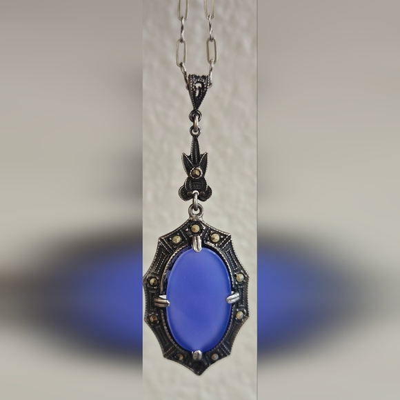 Vintage Art Deco Sterling & Marcasite Pendant Necklace & Blue Chalcedony Stone - Picture 1 of 16
